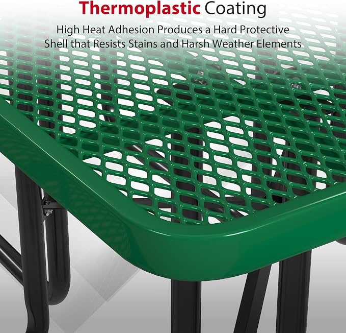 Leisure Craft Metal Picnic Table with Bench - 46" Square Outdoor Dining Table with Umbrella Hole, Heavy Duty Thermoplastic Coating, ADA Compliant, Commercial Grade Furniture Made in USA - Green