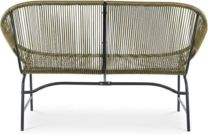 Christopher Knight Home Dessa 4 Piece Patio Furniture Set with Acacia Wood Coffee Table, 4 Seater PE Rattan Outdoor Conversation Set, Metal Outdoor Sectional Sofa Set, Beige+White, Green