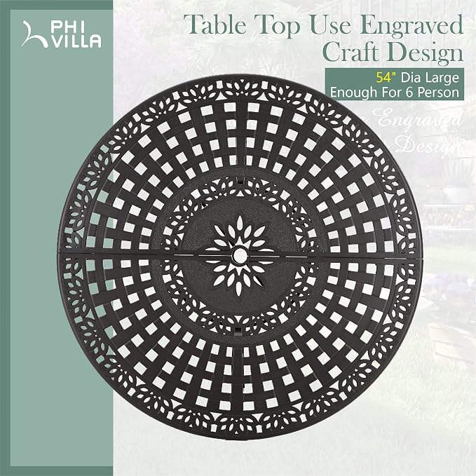 PHI VILLA Round Patio Dining Tables for 6 Person, Outdoor Aluminum Table 54" Dia with 2.1" Umbrella Hole, Lawn Garden Tables for All Weather