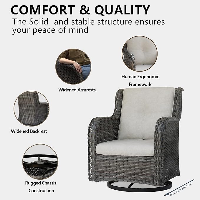 5 Piece Outdoor Patio Furniture Set Wicker Conversation Bistro Set Swivel Rocking Chairs with Side Table and Ottomans for Backyard, Porch, Deck(Mixed Grey/Beige)