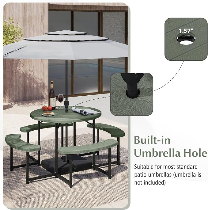 Byroce 6-8 Person Picnic Table for Outdoors, HDPE Picnic Table Set with 4 Benches, Umbrella Hole & Metal Frame, Heavy Duty Round Dining Table Chairs for BBQ Party in Patio, Yard & Poolside (Green)