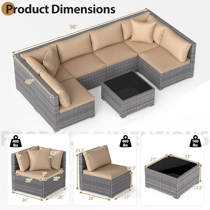Tangkula 7 Pieces Wicker Sectional Patio Furniture Set, PE Rattan Sofas with Tempered Glass Coffee Table, Pillows & Cushions, Outdoor Wicker Conversation Set for Porch, Yard & Poolside, Grey & Beige