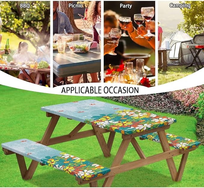 Daisy Picnic Table Cover with Bench Covers Reusable Rectangle Table Cover Outdoor Patio Camping Essentials 72 inch 3PCS Camping Fitted Tablecloth Ideal for Patio Party