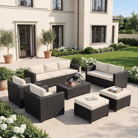 LazySunsets 7-Piece Outdoor Patio Furniture Set, Rattan Outdoor Sectional with Thick Waterproof Cushions, Wicker Ottomans & Waterproof Cover, Patio Conversation Set for Garden, Backyard, Beige