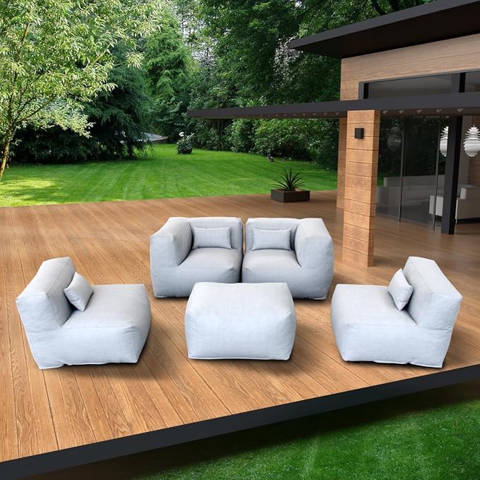 ANNYH Modern Calaluna 5Pc Patio Garden Furniture Sectional Conversation Set Combines 2Middle 2Corner 1Ottoman/CoffeeTable -Exp Foam Filling Chairs - UNIQUE Modular Contemporary Sofa (Cloud Gray)