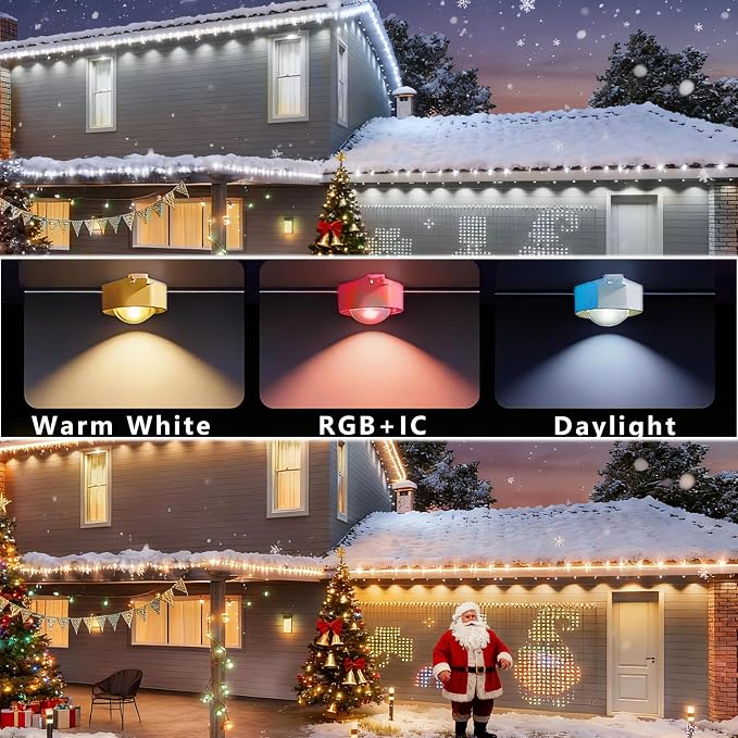 Outdoor Christmas Lights - 50ft Smart RGB+IC Color Eaves Lights with 63 Scene, IP67 Waterproof, Alexa & Google Assistant Voice Control