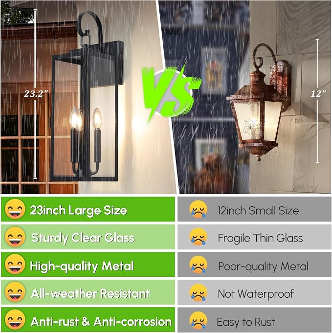 BesLowe 23" Large Outdoor Wall Light, 3-Light Black Exterior Sconce | Waterproof, Rust-Resistant, Durable Metal with Clear Glass, Standard E12 Socket, Easy to Install