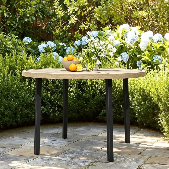 Outdoor Round Dining Table for 4, 42" Large Metal Wrought Iron Metal Table with Umbrella Hole, All Weather Patio Furniture for Deck, Yard, Porch - Honey Oak