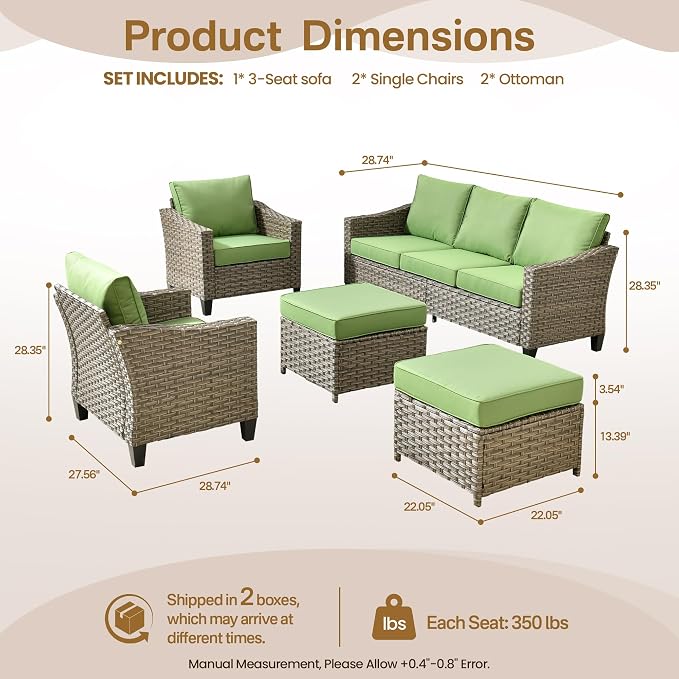 CAODOC 5 Pcs Patio Conversation Set for 7 Seats, Rattan Wicker Outdoor Patio Furniture Set, 2 x Single Chair, 2 x Ottoman, 3-Seat Sofa for Lawn Garden Backyard(Green)