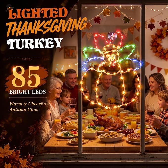 Hiboom Large Thanksgiving Turkey Pumpkin Window String Lights Decorations, Turkey String Light with Timer 8 Mode USB Powered for Fall Decor Home Party Indoor Outdoor(Yellow Red Green,16")