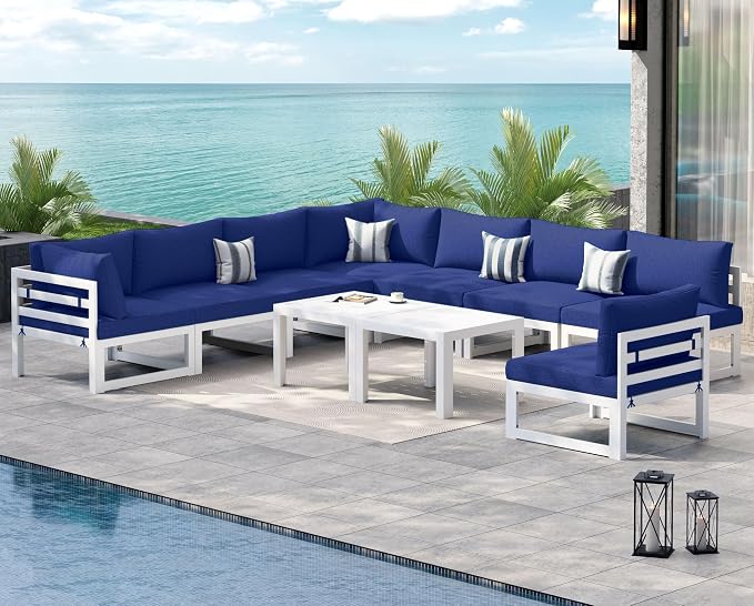 NICESOUL 8 People Extra Large Luxury Aluminum Patio Conversation Set for Backyard Garden, 29" Deep Wide Seat, L Shaped Modular Sectional Couch, 500 lbs Heavy Duty All Weather Outdoor Sofa, Navy Blue