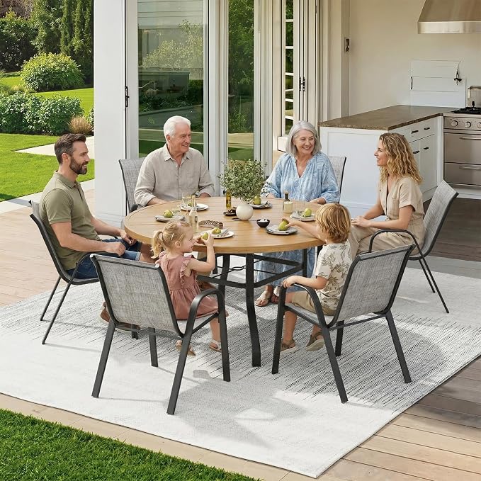 Soohow Patio Dining Set for 6, 7-piece Outdoor Dining Set 6 x Stackable Patio Chairs & 1 x Wood-Like Round Table with Umbrella Hole, All-Weather Outdoor Table and Chairs for Backyard, Balcony, Porch