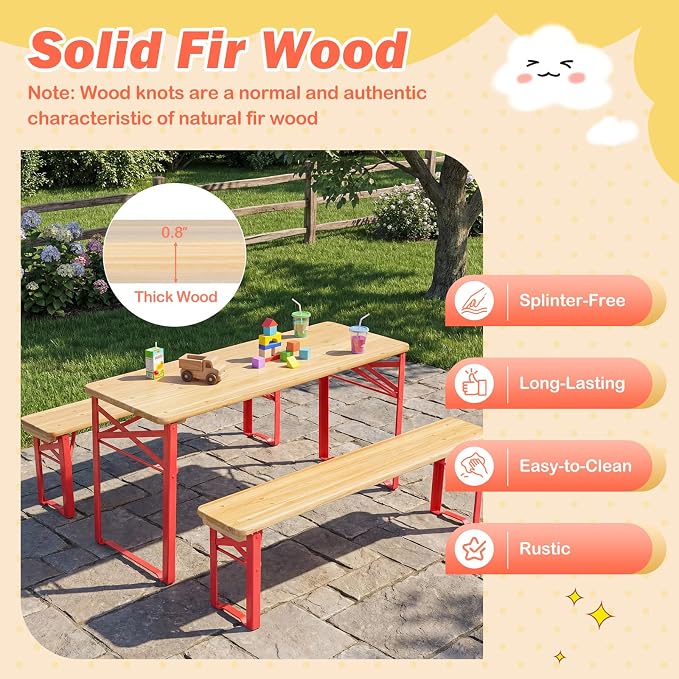 Costzon Kids Picnic Table, 43.5 Inch Folding Picnic Table with 2 Benches, Fir Wood Top & Metal Frame, No Assembly 3-Piece Portable Kids Indoor/Outdoor Furniture for Patio Backyard Daycare (Red)