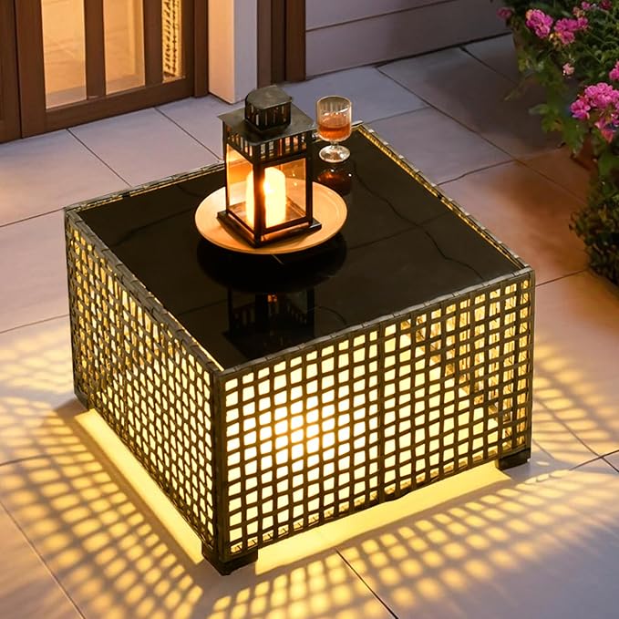 ovios Outdoor Side Table with Tempered Glass Top, Patio Wicker Rattan Solar Lights Tables for All-Weather Porch Deck Balcony Garden Poolside (Grey-Medium Size)