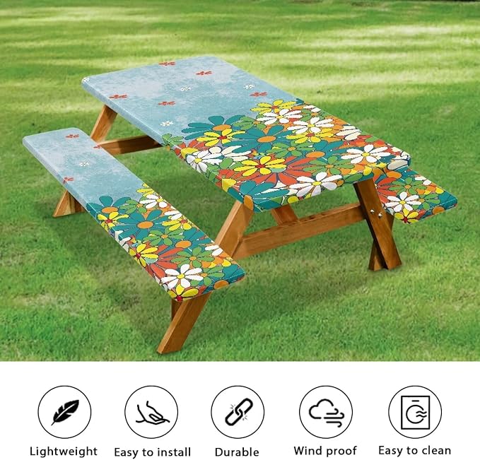 Daisy Picnic Table Cover with Bench Covers Reusable Rectangle Table Cover Outdoor Patio Camping Essentials 72 inch 3PCS Camping Fitted Tablecloth Ideal for Patio Party