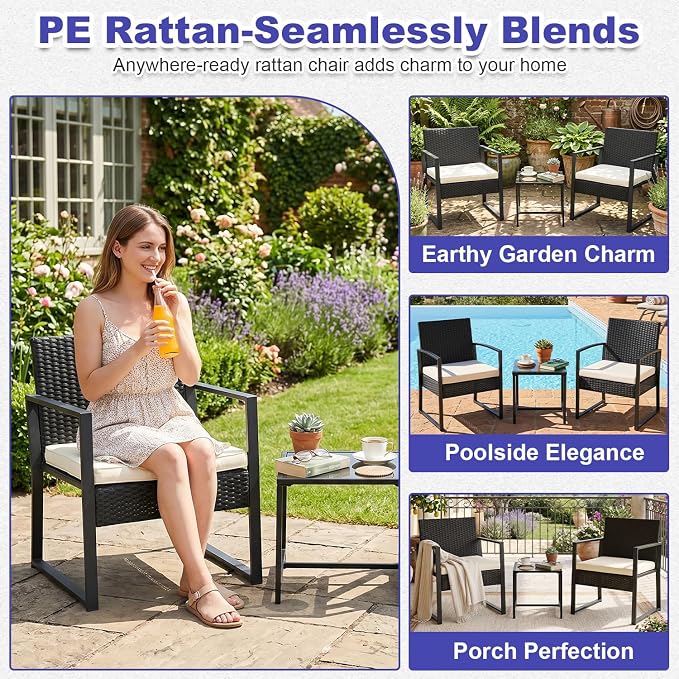 FDW | 3-Piece Patio Furniture Set | Khaki |Outdoor Wicker Furniture with Coffee Table | Modern Rattan Chairs Conversation Set | Outdoor Seating | Weather-Resistant | for Porch, Garden, Lawn