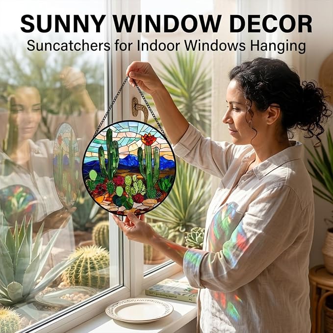 Birthday Gifts for Women - Cactus Flower Fairy Faux Stained Glass Window Hanging Sun Catcher for Door Garden Acrylic Home Decor Mother's Day for Mom Nana Friend Grandma Wife 6.3"