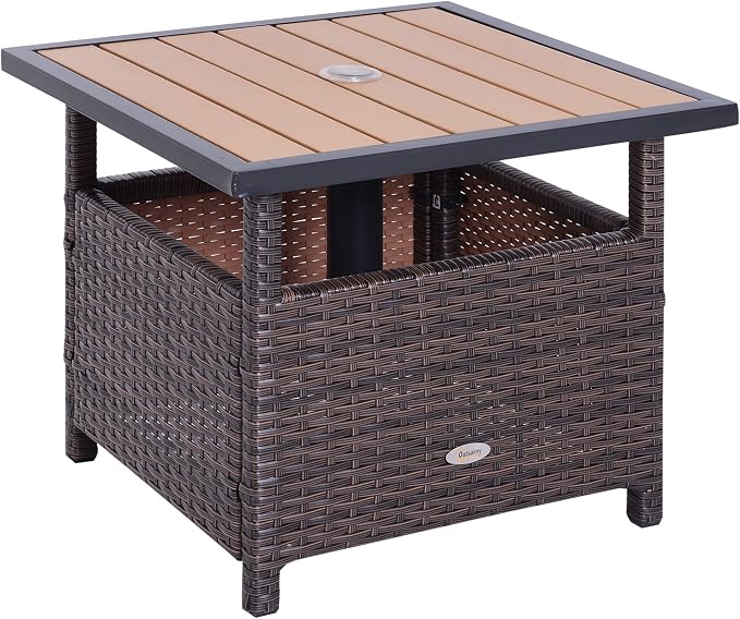 Outsunny 22" Outdoor Side Table with Umbrella Hole, Rattan Wicker End Table with Sand Bag and Steel Frame for Patio, Garden, Backyard, Brown & Light Yellow