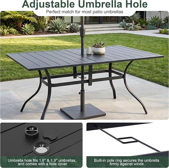 Patio Dining Table for 6,Large Rectangle Outdoor Table with Adjustable Umbrella Hole,63" x 38",Black