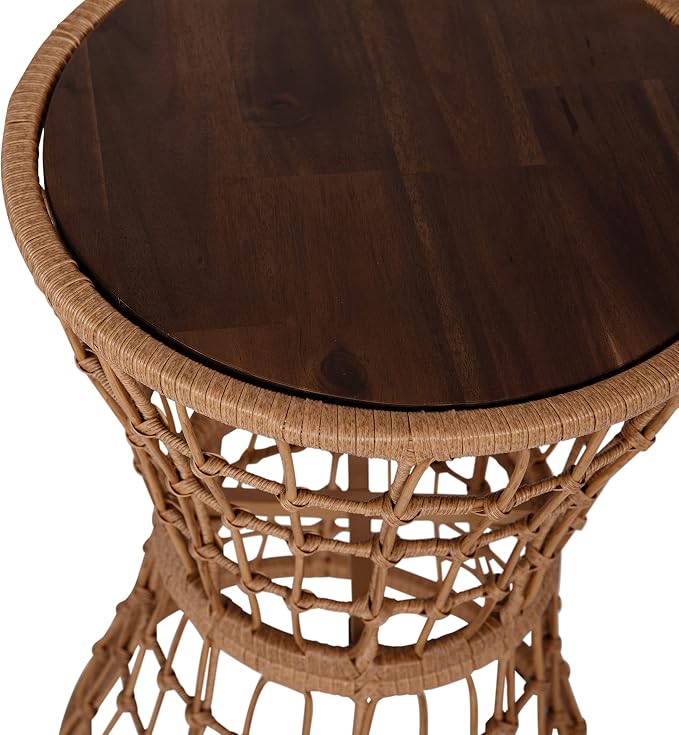 EMMA + OLIVER Ari Indoor/Outdoor Patio Table - Natural Finish Faux Rattan Rope - Acacia Wood Top - Powder Coated Steel Frame - 200 lb. Static Weight Capacity