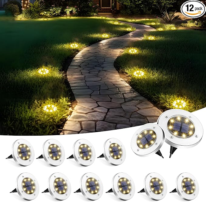 SOLPEX Solar Ground Lights Outdoor, Walkway Lights 12 Pack Warm White | IP65 Waterproof Stainless Steel Landscape Lighting for Driveway, Pathway, Garden, Patio, Backyard Decor