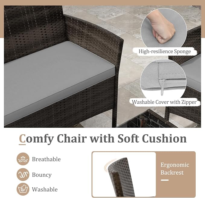 KOTEK 4 Piece Patio Furniture Set, Outdoor Rattan Conversation Set with Loveseat, Wicker Chairs, Tempered Glass Coffee Table, Wicker Patio Set for Backyard, Porch (Grey)