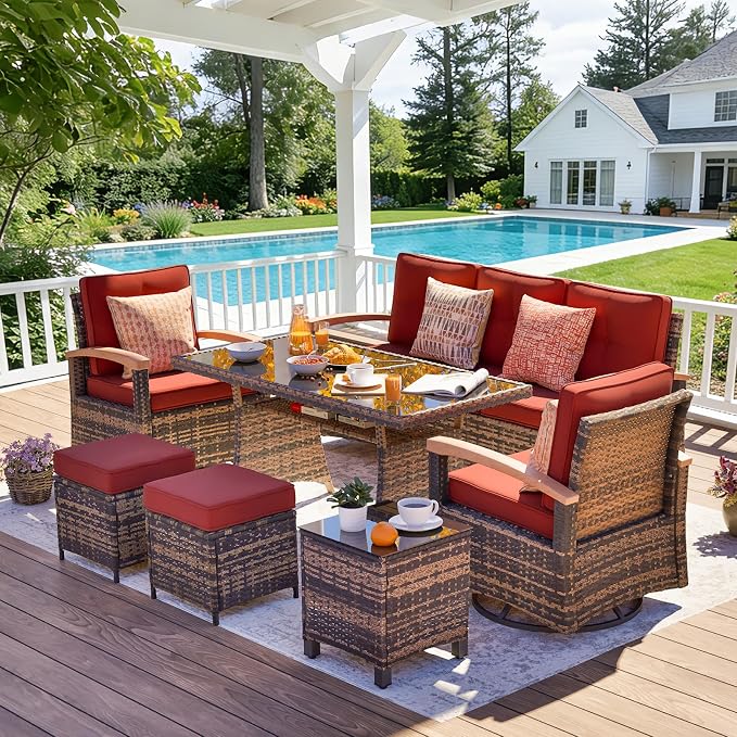 MEISSALIVVE 7 Pieces Patio Furniture Sets, PE Wicker Outdoor Conversation Sets with 2 Wood Armrests Swivel Rocker Chairs, 2 Ottomans, 3-seat Sofa and Dining Table (Red)
