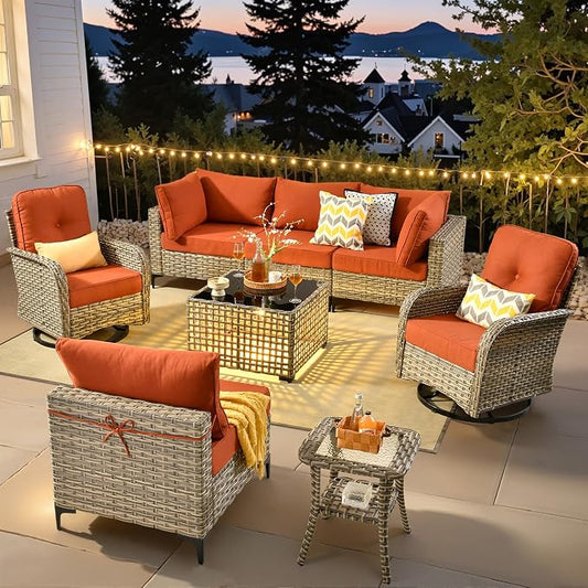 8 Pieces Wicker Patio Furniture Set,Outdoor Sectional Sofa with Swivel Chairs Coffee Table,Outside Deep Seat Rattan Couch Conversation Set,Orange Red