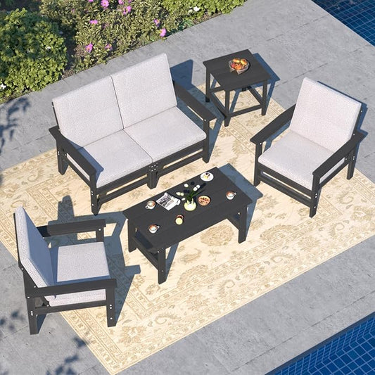 6-Piece HDPE Patio Furniture Set, All-Weather Outdoor Sectional Sofa Set w/Coffee Table+Side Table - Wood-Like Composite Conversation Couch for Deck, Lawn, Balcony - Black Frame with Cushion