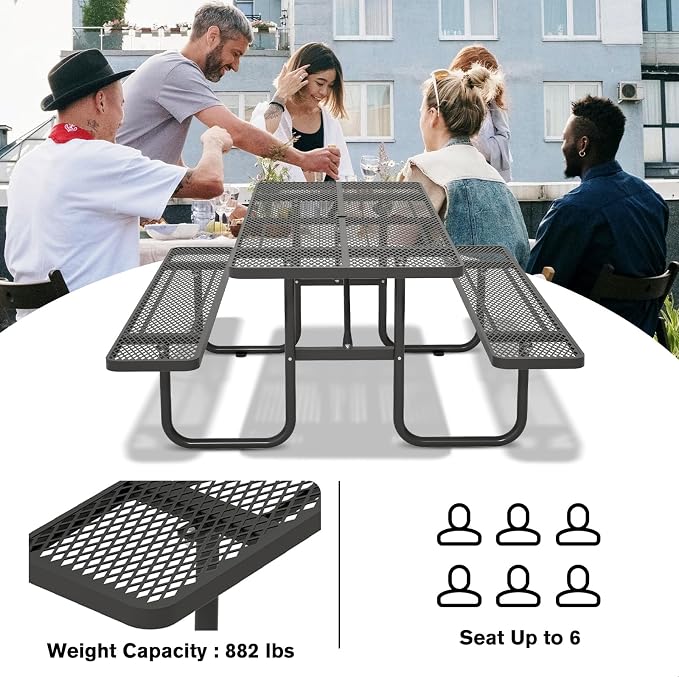 72'' Rectangular Steel Picnic Table for Outdoors,Commercial Metal Picnic Table with Umbrella Hole, Heavy Duty Sturdy Picnic Tables Furniture Set for Patio Garden Courtyard BBQ, Black