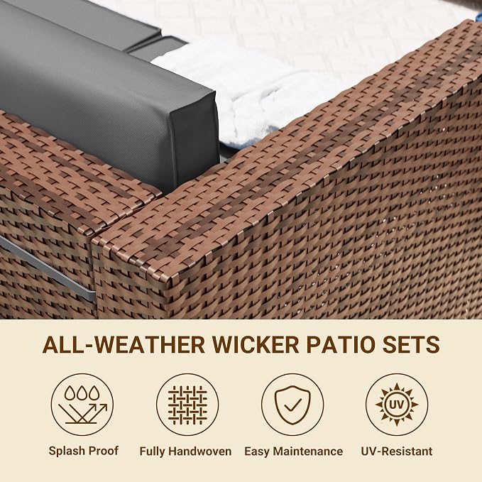 Patio Furniture Set with 44'' Propane Gas Firepit Table, 10 PCS Modular Outdoor Sectional Conversation Sets, All-Weather Wicker Patio Set for Backyard, Grey (Waterproof Covers Included)