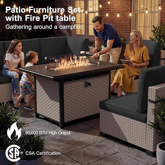 Patio Furniture Set, 10-Piece Outdoor Sectional Sofa with 60,000 BTU Fire Pit Table & Ottomans, Wicker Patio Conversation Set with Coffee Table, Black Cushions