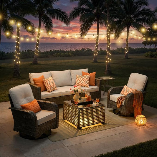 5-Piece Outdoor Patio Furniture Set with Swivel Chairs, Outdoor Conversation Wicker Sofa with Coffee Table, Rattan Couch for Deck, Backyard, Poolside (Light Grey)
