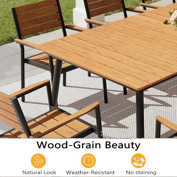 83" Patio Outdoor Dining Table for 6-8, Weather-Resistant Wood-Grain Top with Aluminum Frame & Umbrella Hole for Deck Gatherings, Brown