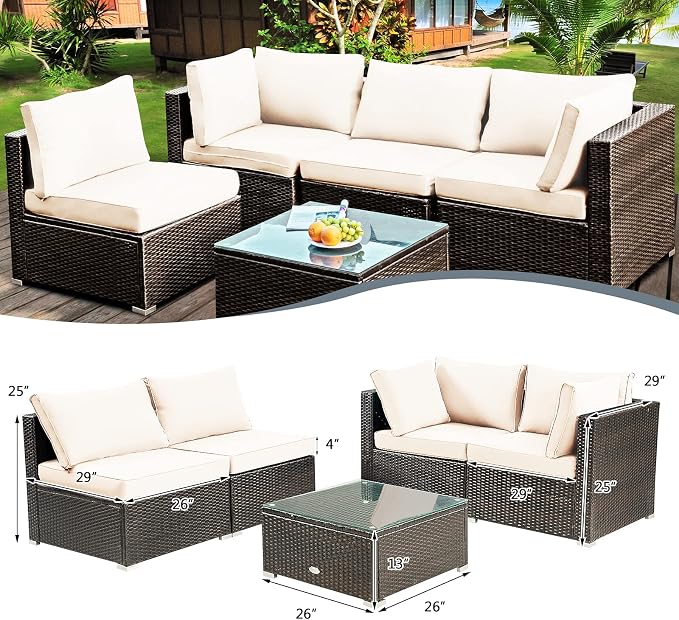HAPPYGRILL 5 Pieces Patio Furniture Set Outdoor Rattan Wicker Sofa Set with Coffee Table Sectional Sofa Conversation Set with Pillows Cushions for Backyard Porch Garden Poolside