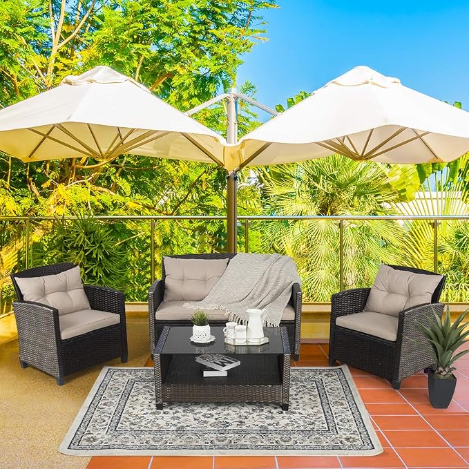 Tangkula 4-Piece Outdoor Rattan Furniture Set, PE Rattan Wicker Sectional Sofa with Loveseat Chair & Glass Table, Patio Cushioned Conversation Sets for Backyard Porch Garden Poolside (1, Brown)