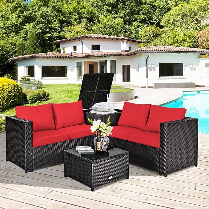 HAPPYGRILL 4 Pieces PE Rattan Wicker Conversation Set Outdoor Patio Furniture Sofa Set with Storage Box and Tempered Glass Coffee Table for Backyard Garden Porch
