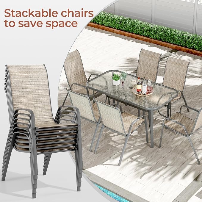 TLSUNNY 7 Pieces Patio Dining Set, Outdoor Table and Chairs W/1.69″ Umbrella Hole, 30"X 55" Table and Stackable Textilene Chair, All Weather Patio Furniture Set (Umbrella not Included) (Brown)