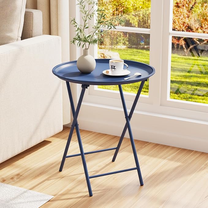 Garden 4 you Folding TV Tray Table, Metal Round Side Table, Blue Dinner Table with Metal Frame, Modern Outdoor Tray Table for Living Room, Bedroom, Patio & Small Spaces, 1 Pack
