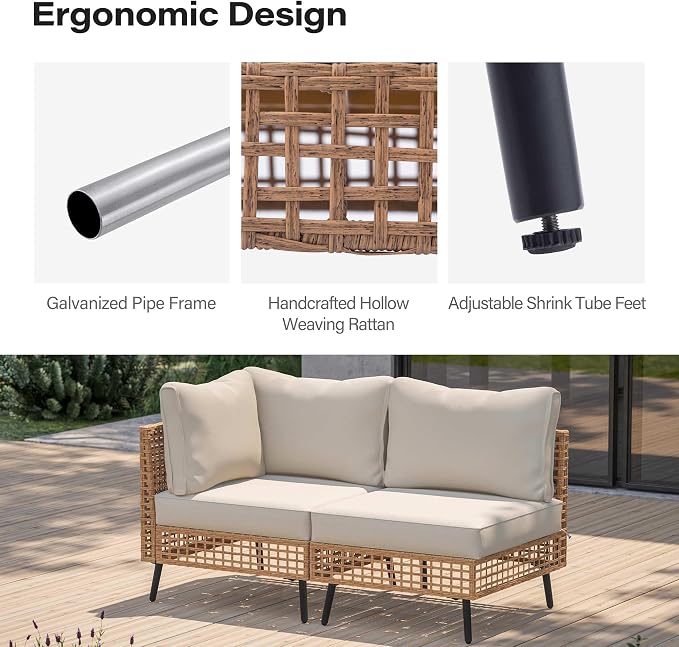 LAUSAINT HOME Outdoor 2 Pieces PE Wicker Patio Furniture Set, All-Weather Rattan Sectional Sofa with Thick Cushions for Garden, Yard and Balcony (Beige)