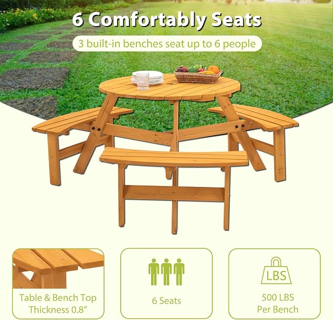 6 Person Round Outdoor Picnic Table with 3 Built-in Benches, Umbrella Hole - Outside Wood Picnic Table Set for Patio, Backyard, Garden, Porch - 1720lb Capacity, Natural