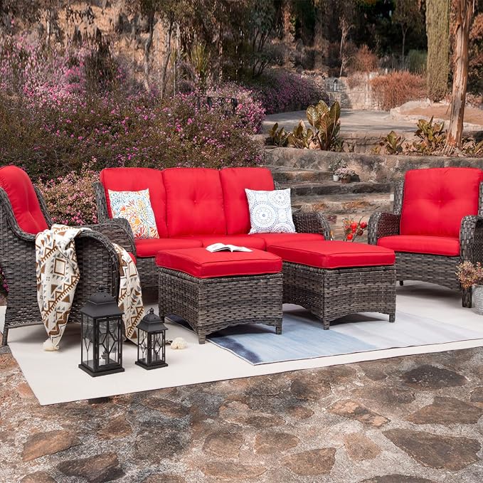 Patio Furniture Set 5-Piece Wicker Outdoor Furniture Conversational Set with 3-Seat Sofa, 2 Armchairs, 2 Ottoman Patio Rattan Wicker Sectional Sofa Set with Olefin Cushions, Red