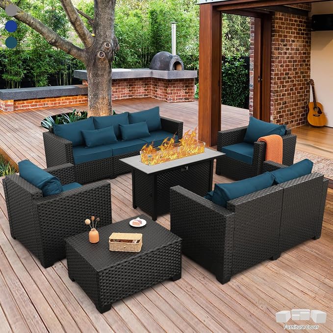 Rattaner Patio Furniture Set with 45In Fire Pit 6 Pieces Outdoor Furniture Sets Patio Couch Outdoor Chairs 60000 BTU Steel Propane Fire Pit Table No-Slip Cushions and Waterproof Covers, Peacock Blue