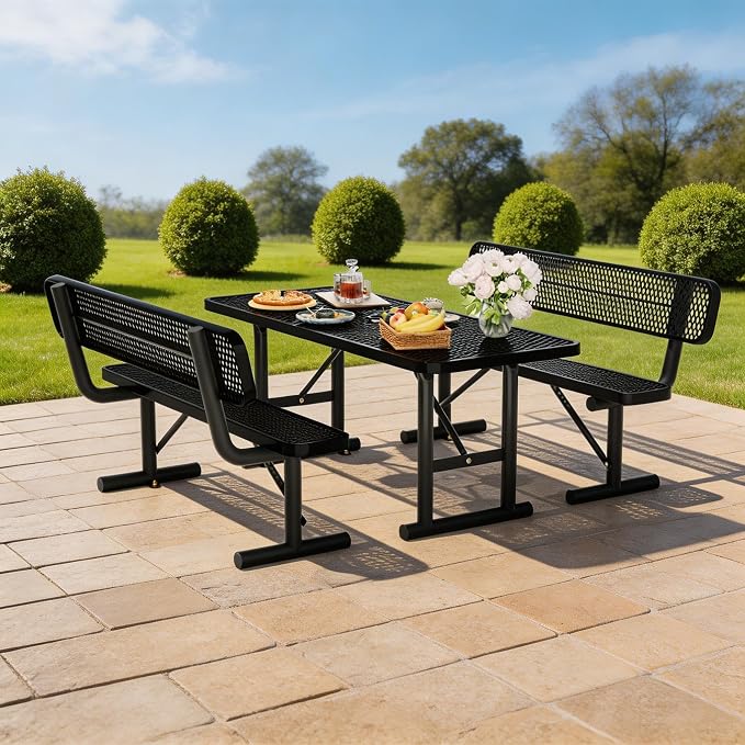 6FT Outdoor Metal Picnic Table with 2 Benches,Heavy Duty Rectangular Picnic Table Set for Outside, Waterproof Commercial Restaurant Table Furniture for Park, Campfield, Patio, Garden, Yard