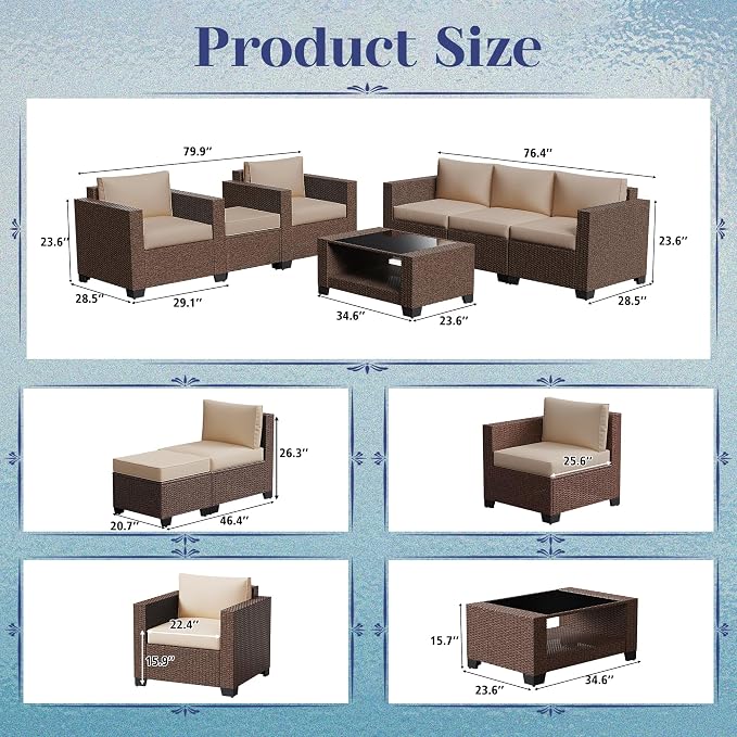 KIGOTY Patio Furniture Set 7 PCS Patio Conversation Sets, All-Weather PE Rattan Outdoor Sectional Sofa with Cushion and 2- Tier Glass Coffee Table（Brown/Camel）