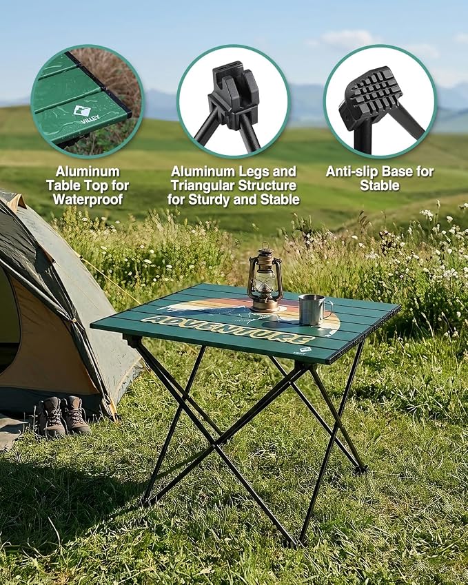 VILLEY Portable Camping Side Table, Ultralight Aluminum Folding Camp Table with Mountain Silhouette Print and Carry Bag, Compact Outdoor Picnic Table for Camping, Beach, Hiking, Travel, Large