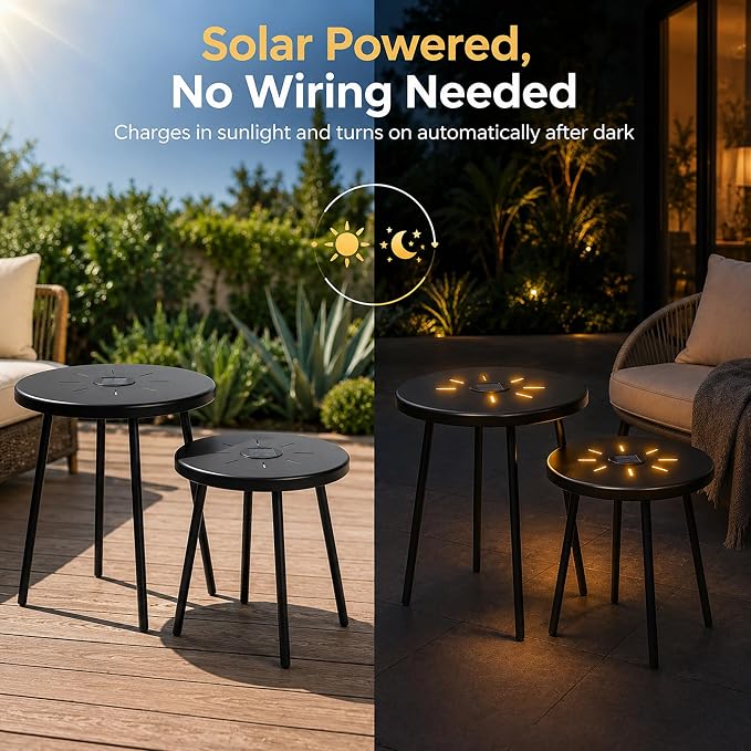 Solar Outdoor Side Table Set of 2 with Warm LED Light, Round Metal Patio End Tables, IP44 Water-Resistant Stackable Accent Tables for Balcony Porch Garden Poolside, Black