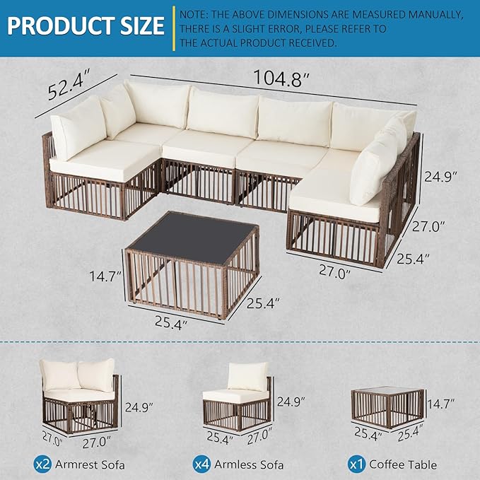FHFO 7 Piece Outdoor Wicker Patio Furniture Set, Brown/Beige | Sectional Sofa | All-Weather Hand-Woven Rattan | Tempered Glass Coffee Table | Adjustable Backrest | Indoor & Outdoor Use
