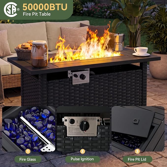 Aoxun 10-Piece Patio Furniture Set with 44” Fire Pit Table, Widen Armrests Wicker Rattan Outdoor Sectional Sofa with Swivel Chairs, Outdoor Patio Furniture Set with Thick Cushions & Ottoman, Beige