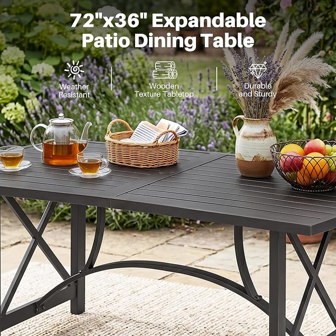 Never-Rust 72" x 36" Outdoor Table, Rectangular Aluminum Patio Table for 6 Person with Umbrella Hole, Heavy-Duty Indoor/Outdoor Table for Garden, Poolside, Backyard, Black